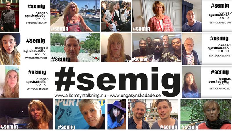 bild #semig. Flertalet ansikten ihopklippta i collage blandat med hashtaggen #semig på flera ställen.