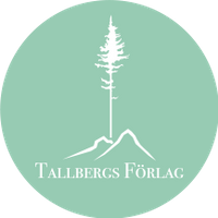 Logo Tallbergs förlag. En ljusgrön cirkel med vit symbol föreställande en tall och två kullar. Undertill står Tallbergs Förlag i vit text.